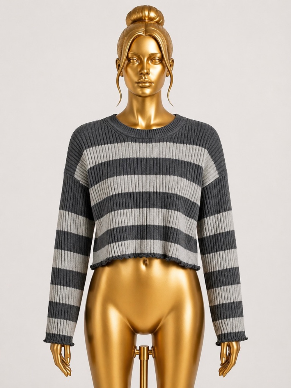 Striped Cropped Crewneck Sweater - Gray